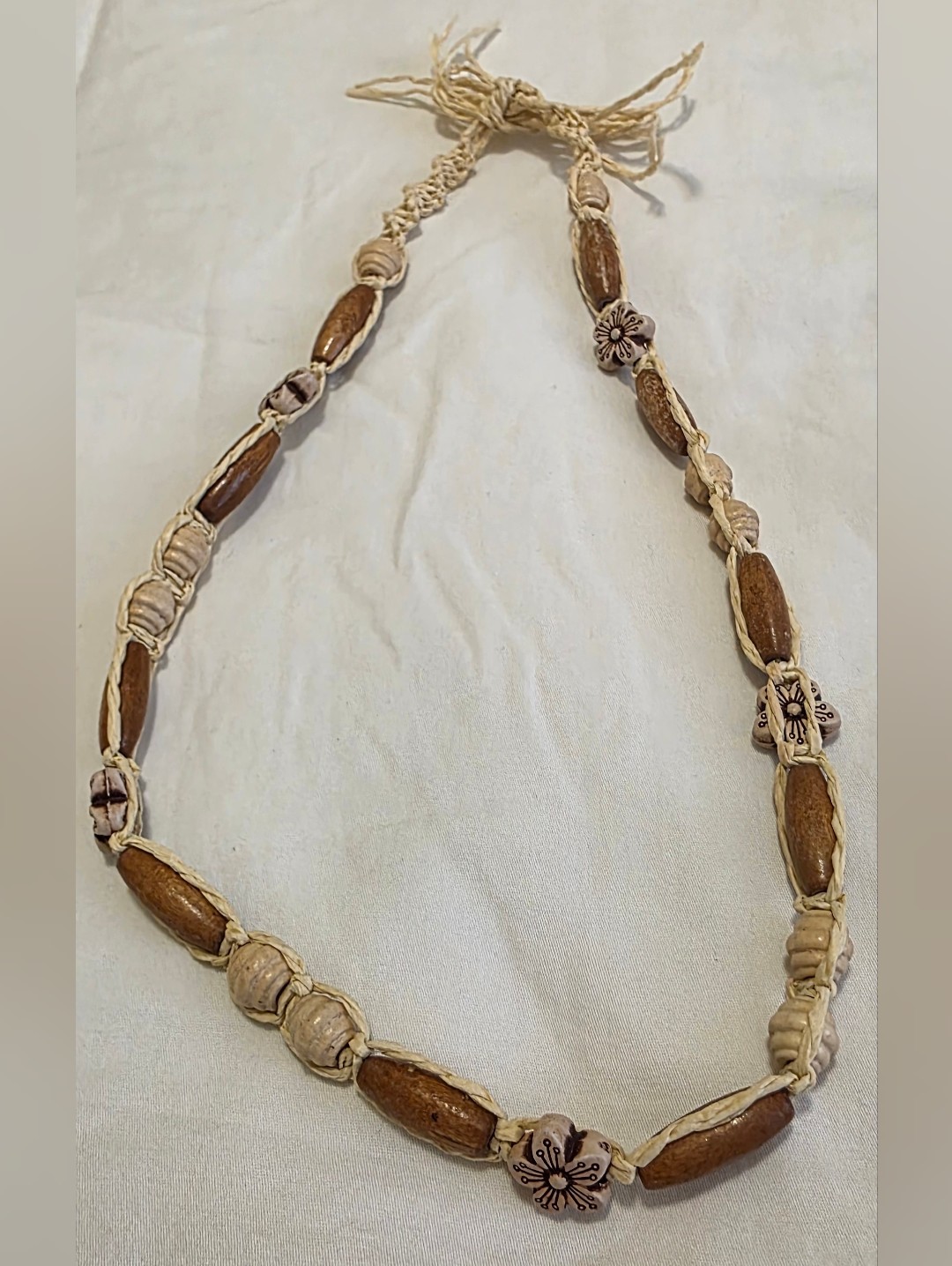 Artisan Raffia Macrame Wood Bead Floral Necklace Boho Handmade Adjustable